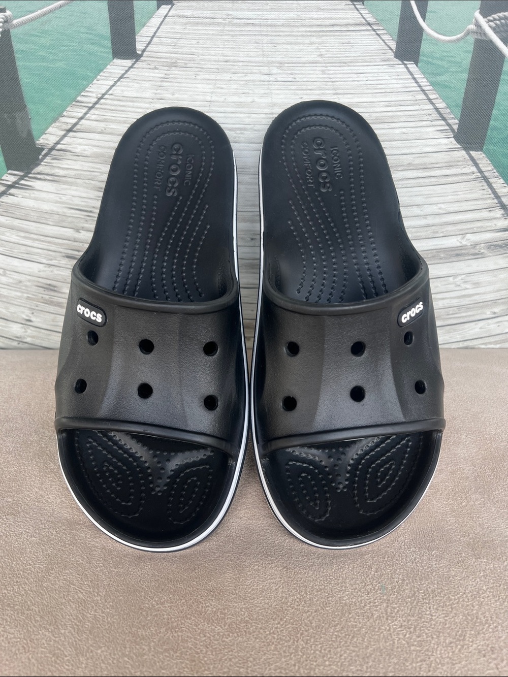 CROCS Men's Black Slide Sandals with White Trim